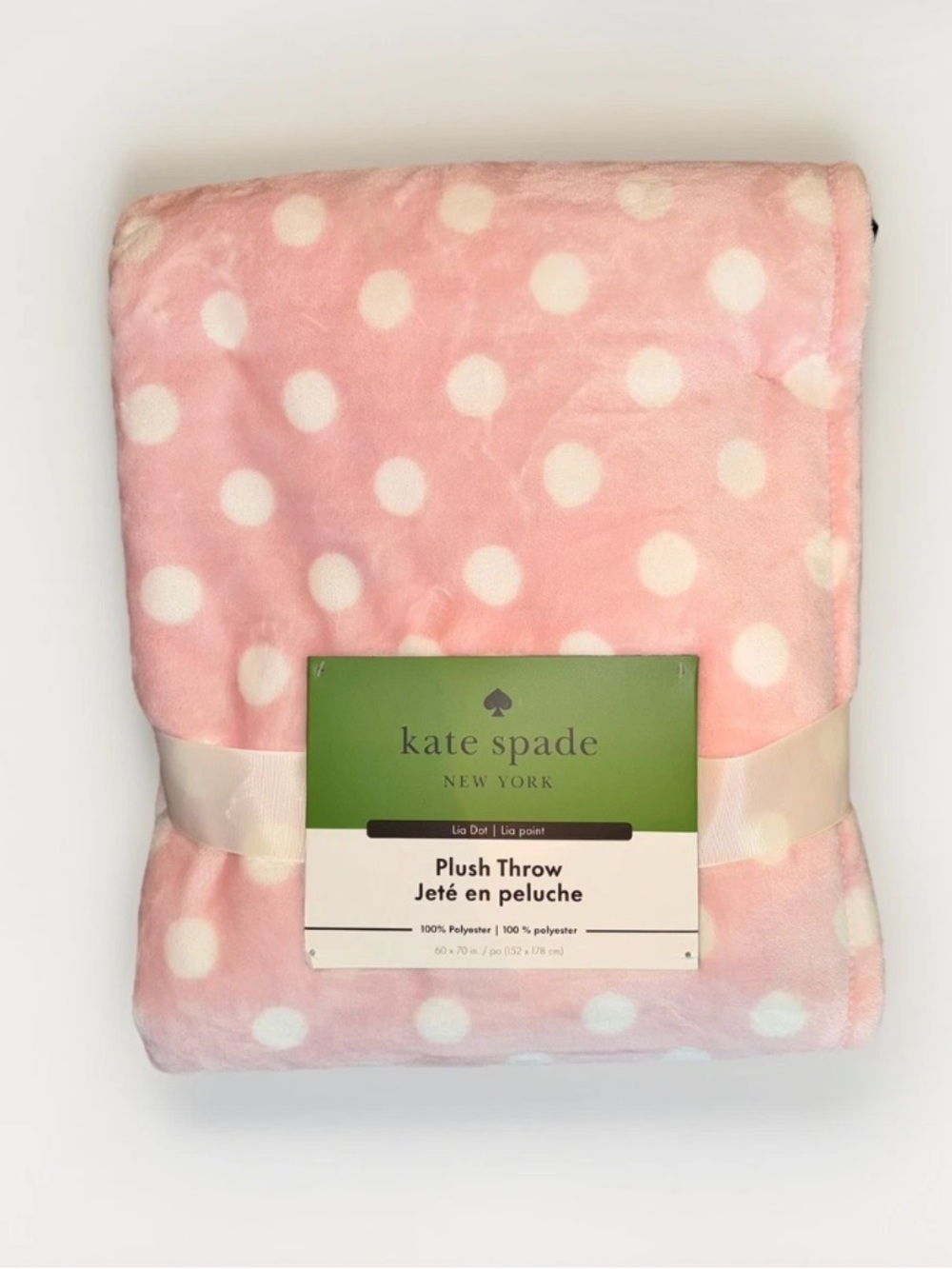 KATE SPADE PINK AND WHITE POLKA DOT PLUSH THROW BLANKET 60” x 70” NEW